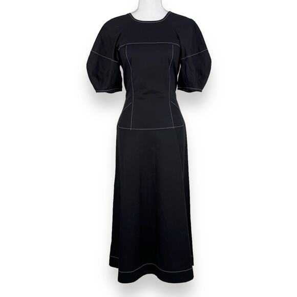 Madewell Dress Womens 0 Black Puff Sleeve Drop Waist Midi Cotton Poplin - Picture 2 of 16